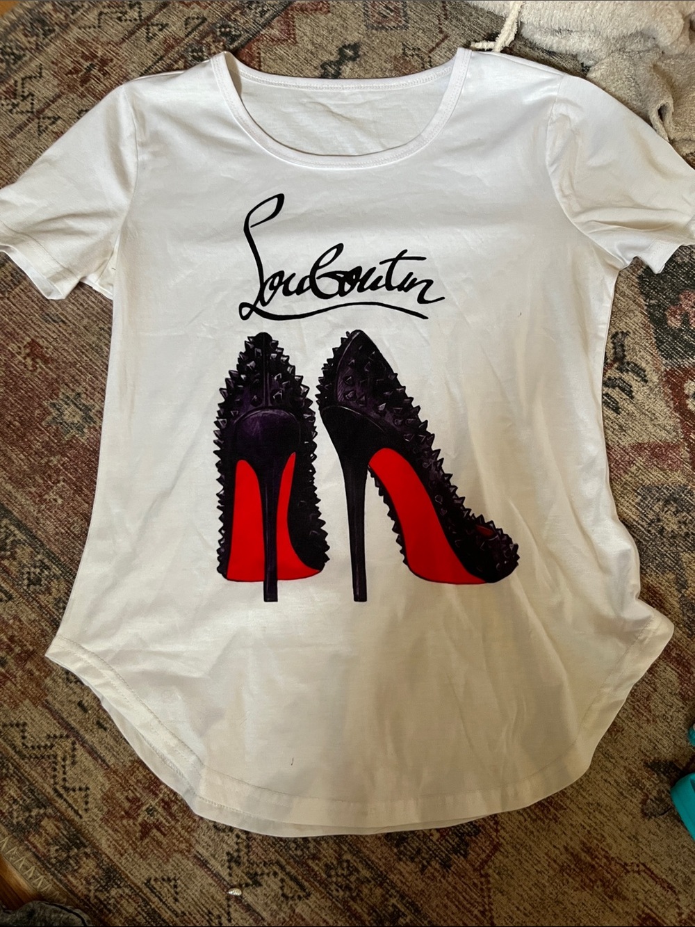 Christian Louboutin White Tee with Black Studded Heels and Red Soles